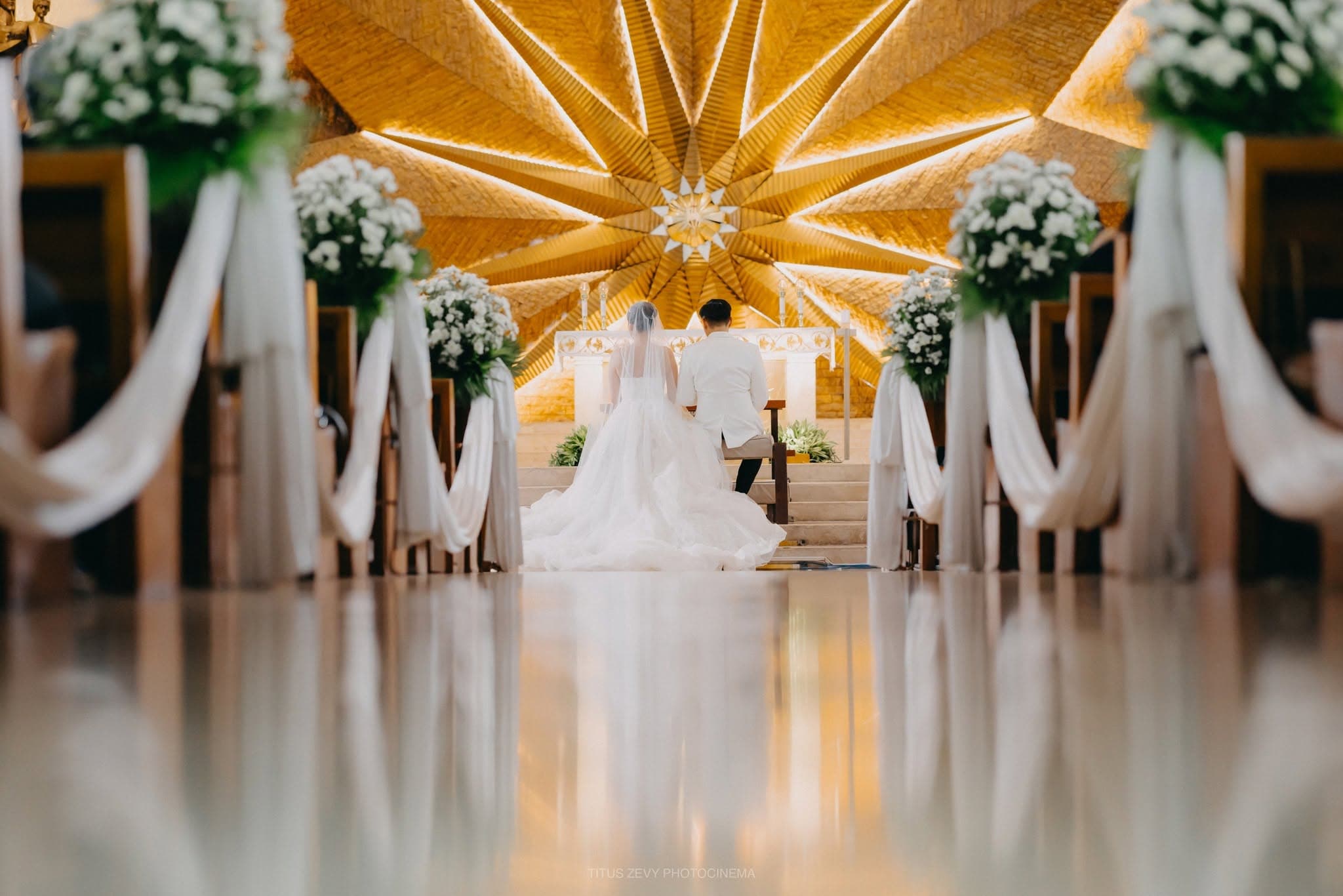 A bride and groom celebrating their wedding